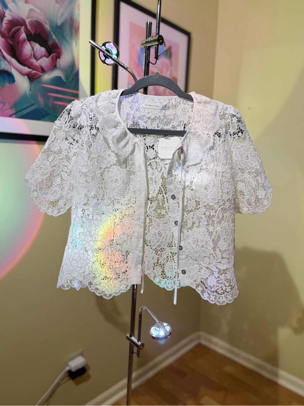 NWT White Altard State Lace Button-Front Short Sleeve Top